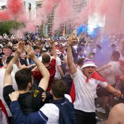 England fans outside the ground ahead of the UEFA Euro 2020 Final at Wembley Stadium,