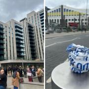 Crowds at Wembley (left) and scrunched up police tape after the cordon was called off (right)
