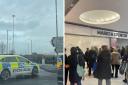 Police outside Brent Cross (left) and customers waiting to get into M&S after the centre reopened  (right)