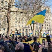 Protesters in Whitehall, outside Downing Street, supporting Ukraine following the Russian invasion