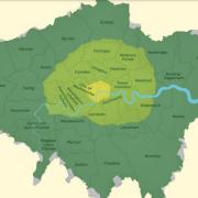 Current London-wide Low Emission Zone in yellow and ULEZ expansion in light green.