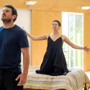 David Walmsley as Agamemnon and Eileen Walsh as Clytemnestra in rehearsal for Girl On An Altar by Marina Carr at the Kiln Theatre