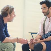 Daniel Lapaine and Sid Sagar in rehearsals for The Invisible Hand by Ayad Akhtar at the Kiln Theatre. Directed by Indhu Rubasingham