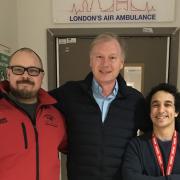 Photo of Nigel (centre) at Londons Air Ambulance, meeting Paramedic Richard Webb-Stevens (L) and Dr Samy Sadek (R) for the first time since the night of his accident.