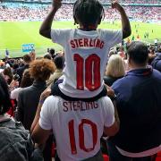 England's Raheem Sterling's son Thiago joined fans in Wembley to watch his dad score the first vital goal against Germany