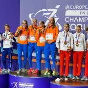 Medal ceremony for 4 x 400 relays women featuring  Zoey Clark at the European Athletics Indoor Championships on March 7, 2021 in Torun, Poland.