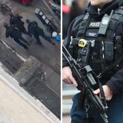A screengrab from a video shared by @bevnjas showing armed police in Kensal Green (left) and a stock picture of an armed officer (right)