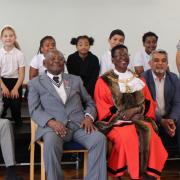 Norman Mitchell, 102, with Mayor of Brent at Chalk Hill School assembly