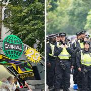 A picture of a stage at Notting Hill Carnival  near to the scene of one of the stabbings (left) and police in the area (right)