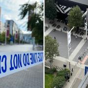 A police cordon pictured on (left) and  an overhead shot of a cordon in place at the time (right)