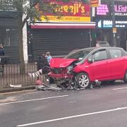 One of two cars damaged in a head-on crash in Kenton