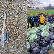 A machete (left) and the team of volunteers at the Welsh Harp clean-up event (right)