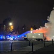 Fire crews tackle a burning HGV in the car park of B&Q in Depot Approach, Cricklewood, on Sunday