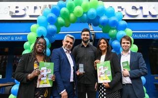 Cllr Margaret McLennan, Cllr Muhammed Butt, Jack Johal, owner of Blue Check in Wembley, Cllr Shama Tatler and Cllr Thomas Stephens launch BuyBrent App