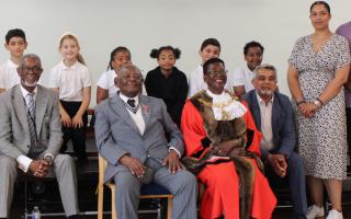 Norman Mitchell, 102, with Mayor of Brent at Chalk Hill School assembly