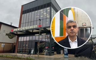 Outside Brent Cross West and an inset of Sadiq Khan during his visit